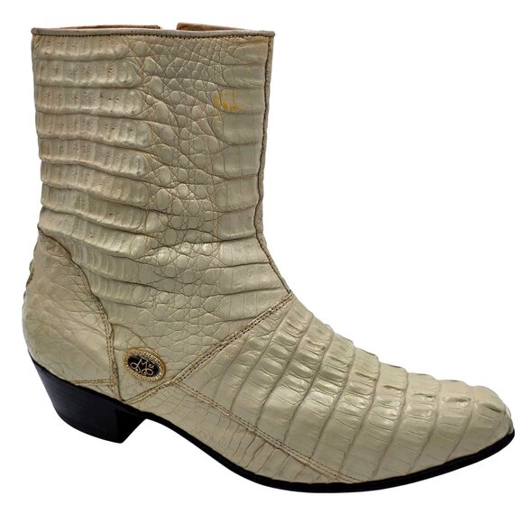 Max Leather Exotic Hornback Crocodile Cream Dress Boots Men 11 Handmade USA Shoe - Picture 1 of 16